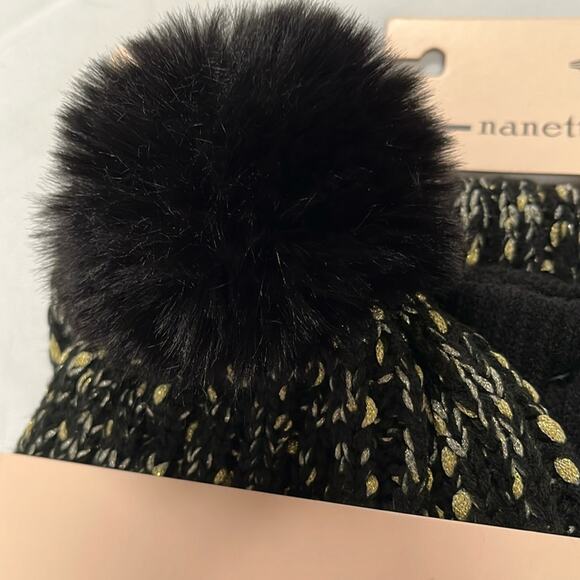 Nanette Lepore Scarf Gloves Hat Set of 3 Pieces Black Gold Silver Metallic - Picture 6 of 7